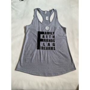 Ideal Womens  Size L Family Faith Friends Flag Firearms Tank Top Gray